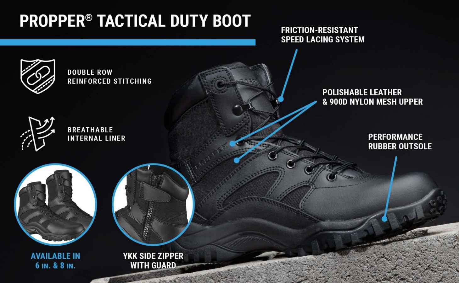6 tactical duty boot is rugged leather upper with performance sole, breathable liner, YKK zipper  and reinforced stitching